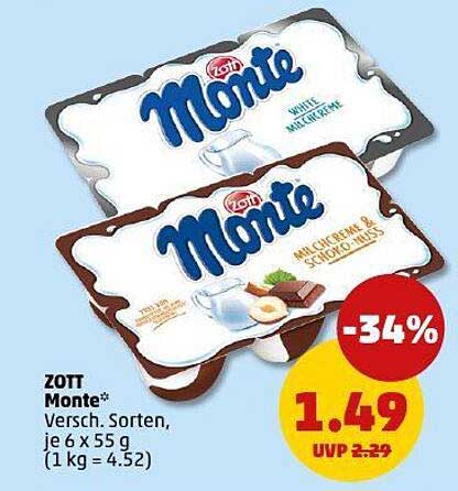 ZOTT Monte – Verschiedene Sorten, je 6 x 55 g