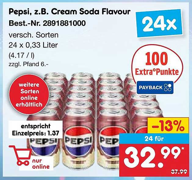Pepsi, z.B. Cream Soda Flavour, 24 x 0,33 Liter