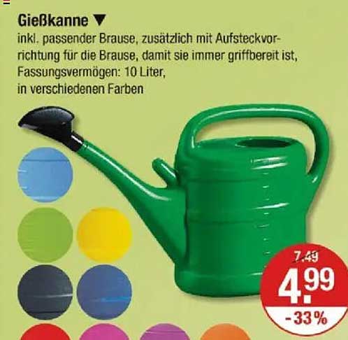 Gießkanne inkl. passender Brause, 10 Liter, verschiedene Farben