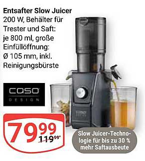 Entsafter Slow Juicer 200 W, Behälter für Trester und Saft: je 800 ml, große Einfüllöffnung: Ø 105 mm, inkl. Reinigungsbürste