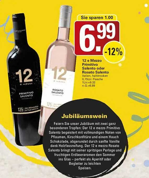 12 e Mezzo Primitivo Salento oder Rosato Salento, 0,75L Flasche