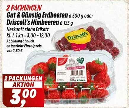 2 PACKUNGEN Gut & Günstig Erdbeeren à 500 g oder Driscoll’s Himbeeren à 125 g