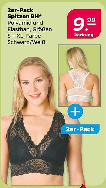 2er-Pack Spitzen BH* - Polyamid und Elathan, Größen S – XL, Farbe Schwarz/Weiß