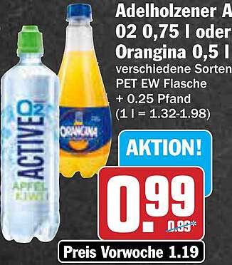 Adelholzer A O2 0,75 l oder Orangina 0,5 l – verschiedene Sorten