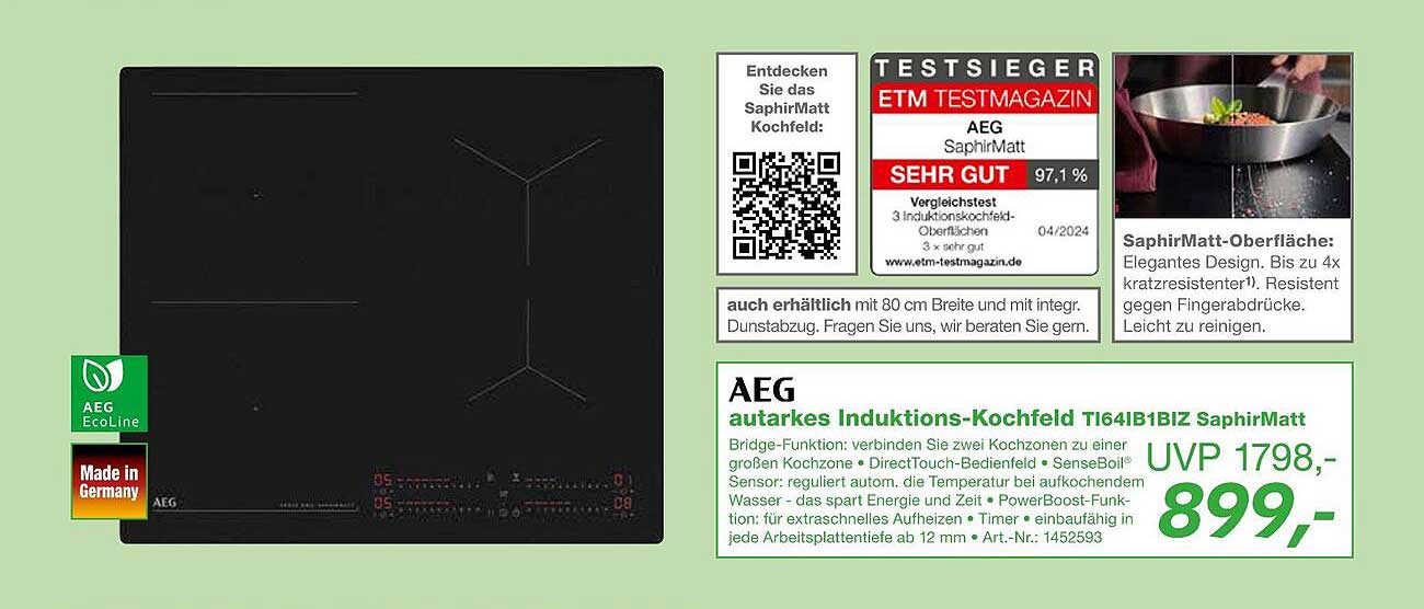 AEG autarkes Induktions-Kochfeld TI64IB1B1Z SaphirMatt