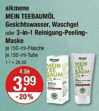 alkmene MEIN TEEBAUMÖL Gesichtswasser, Waschgel oder 3-in-1 Reinigung-Peeling-Maske