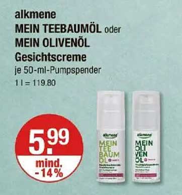 alkmene MEIN TEEBAUMÖL oder MEIN OLIVENÖL Gesichtscreme je 50-ml-Pumpspender