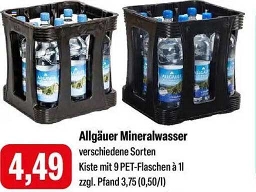 Allgäuer Mineralwasser verschiedene Sorten - Kiste mit 9 PET-Flaschen à 1l