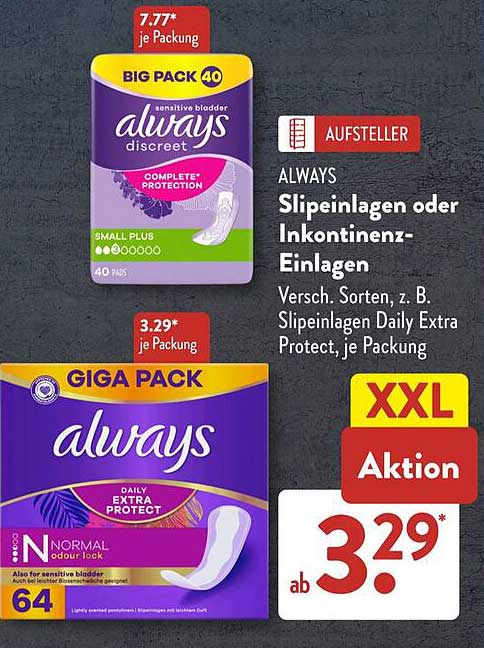 ALWAYS Slipeinlagen oder Inkontinenz-Einlagen – Verschiedene Sorten, z. B. Slipeinlagen Daily Extra Protect, je Packung