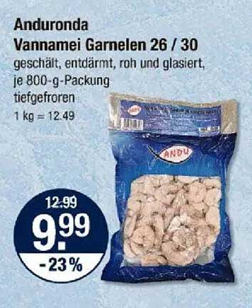 Anduronda Vannamei Garnelen 26 / 30, geschält, entdarmt, roh und glasiert, 800-g-Packung