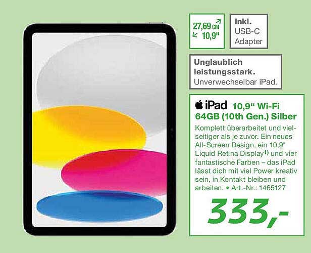 Apple iPad 10,9" Wi-Fi 64GB (10th Gen.) Silber