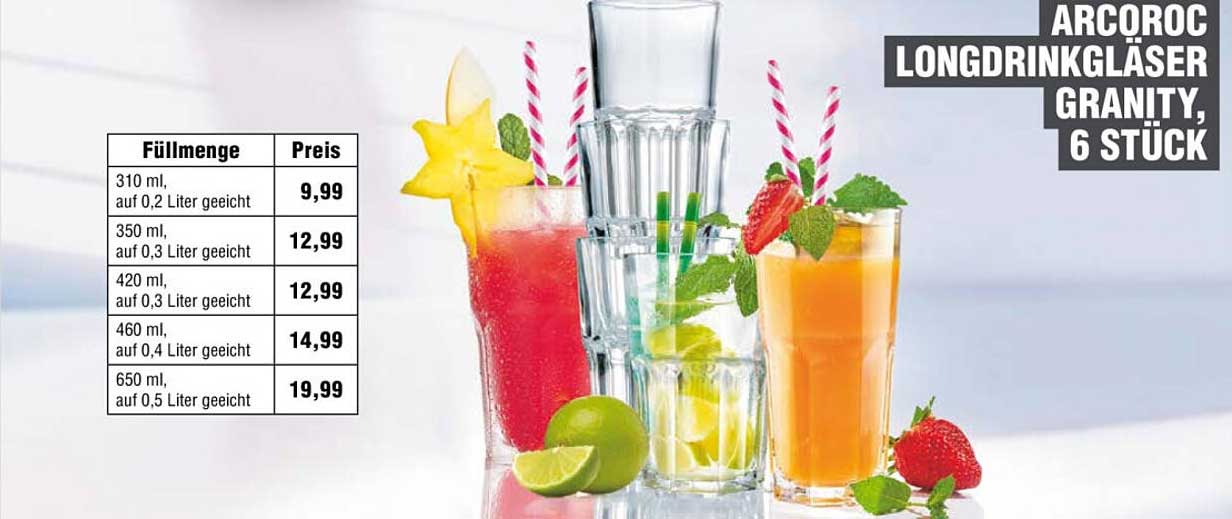 ARCOROC LONGDRINKGLÄSER GRANITY, 6 STÜCK