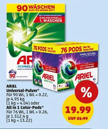 Ariel Universal-Pulver 90 WL und All in 1 Color-Pods 76 WL im Angebot