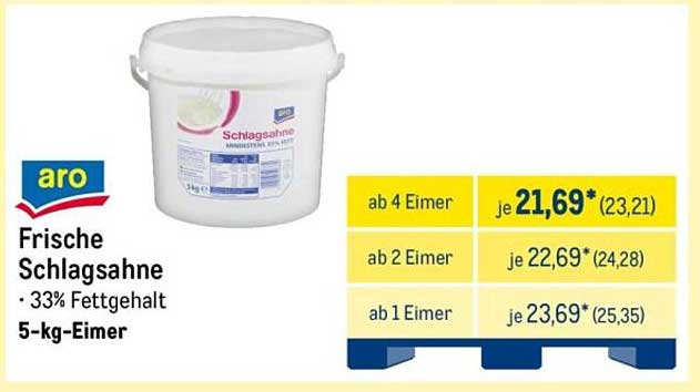 aro Frische Schlagahne 33% Fettgehalt – 5-kg-Eimer