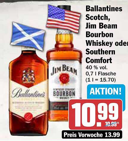 Ballantines Scotch, Jim Beam Bourbon Whiskey oder Southern Comfort
