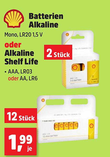 Batterien Alkaline von Shell - Mono, LR20 1,5 V oder Alkaline Shelf Life
