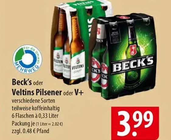 Beck's oder Veltins Pilsener 6 Flaschen a 0,33 Liter - nur 3,99 €