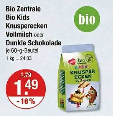 Bio Zentrale Bio Kids Knusperecken Vollmilch oder Dunkle Schokolade 60-g-Beutel