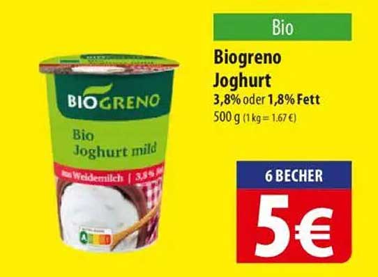 Biogreno Joghurt mild 3,8% oder 1,8% Fett - 6 Becher für 5 €