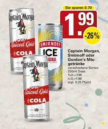 Captain Morgan, Smirnoff oder Gordon's Mixgetränke 250ml Dose