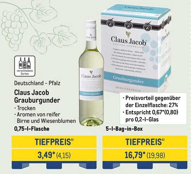 Claus Jacob Grauburgunder 0,75-l-Flasche und 5-l-Bag-in-Box