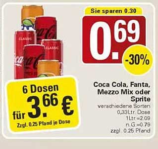 Coca Cola, Fanta, Mezzo Mix oder Sprite – 6 Dosen für 3,66 €