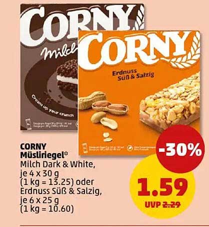 CORNY Müsliriegel Milch Dark & White oder Erdnuss Süß & Salzig, je 4 x 30 g oder je 6 x 25 g