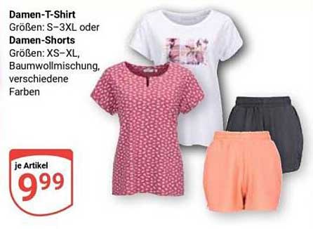 Damen-T-Shirt oder Damen-Shorts, Größen: S–3XL oder XS–XL, Baumwollmischung, verschiedene Farben