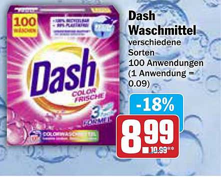 Dash Waschmittel verschiedene Sorten 100 Anwendungen (1 Anwendung = 0.09)