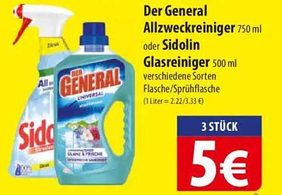 Der General Allzweckreiniger 750 ml oder Sidolin Glasreiniger 500 ml - verschiedene Sorten, Flasche/Sprühflasche (1 Liter = 2,22/3,33 €)