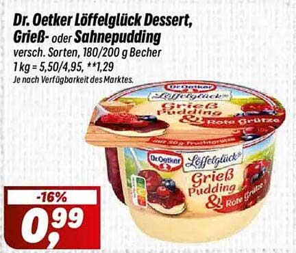 Dr. Oetker Löffelglück Dessert, Grieß- oder Sahnepudding, 180/200 g Becher