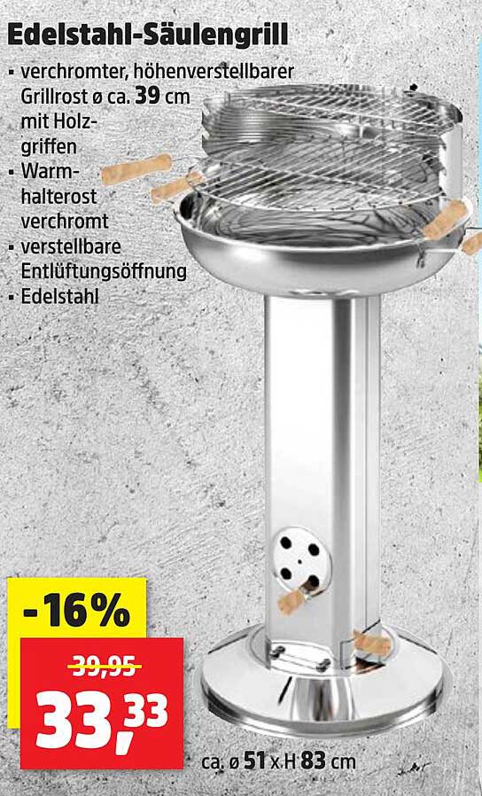 Edelstahl-Säulengrill mit höhenverstellbarem Grillrost