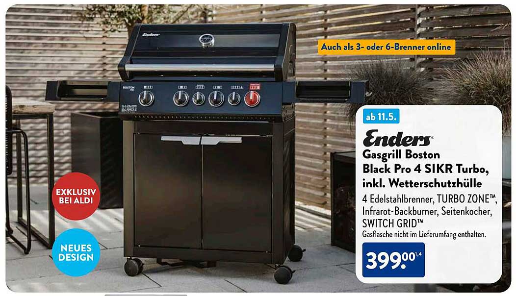 Enders Gasgrill Boston Black Pro 4 SIKR Turbo, inkl. Wetter schutz hülle