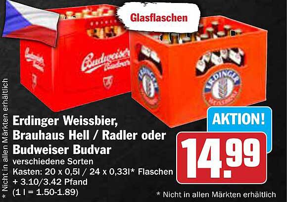 Erdinger Weissbier, Brauhaus Hell/Radler oder Budweiser Budvar – verschiedene Sorten im Angebot!
