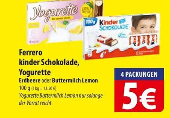 Ferrero Kinder Schokolade, Yogurette Erdbeere oder Buttermilch Lemon 100 g 4 PACKUNGEN für 5€