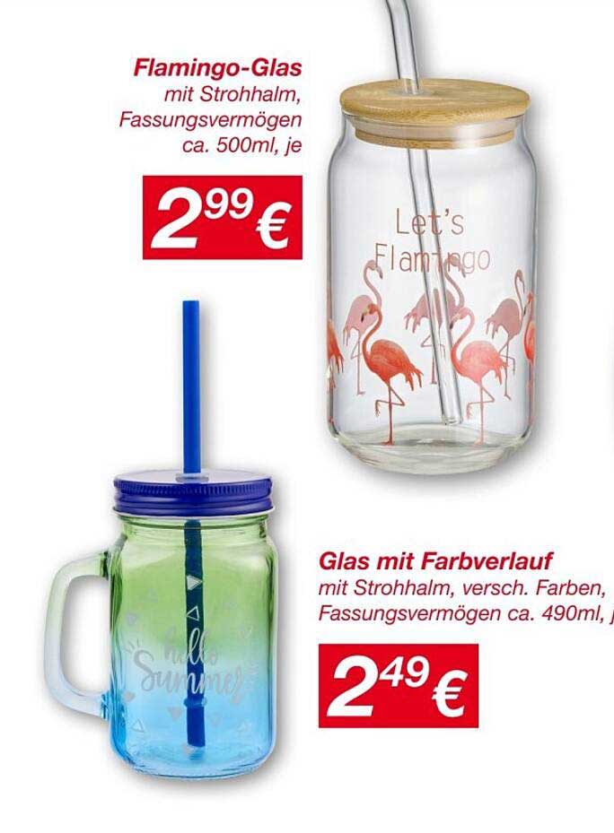 Flamingo-Glas mit Strohhalm, Fassungsvermögen ca. 500ml, je 2,99 €