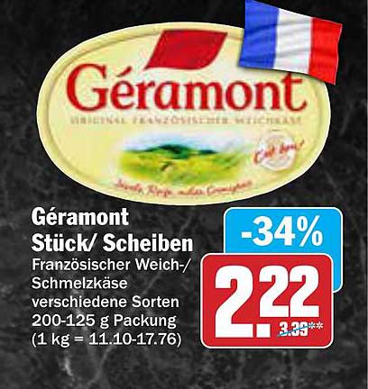Géramont Stück/ Scheiben - Französischer Weich-/Schmelzkäse