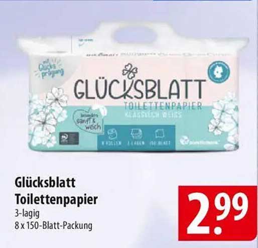 Glücksblatt Toilettenpapier 3-lagig 8 x 150-Blatt-Packung
