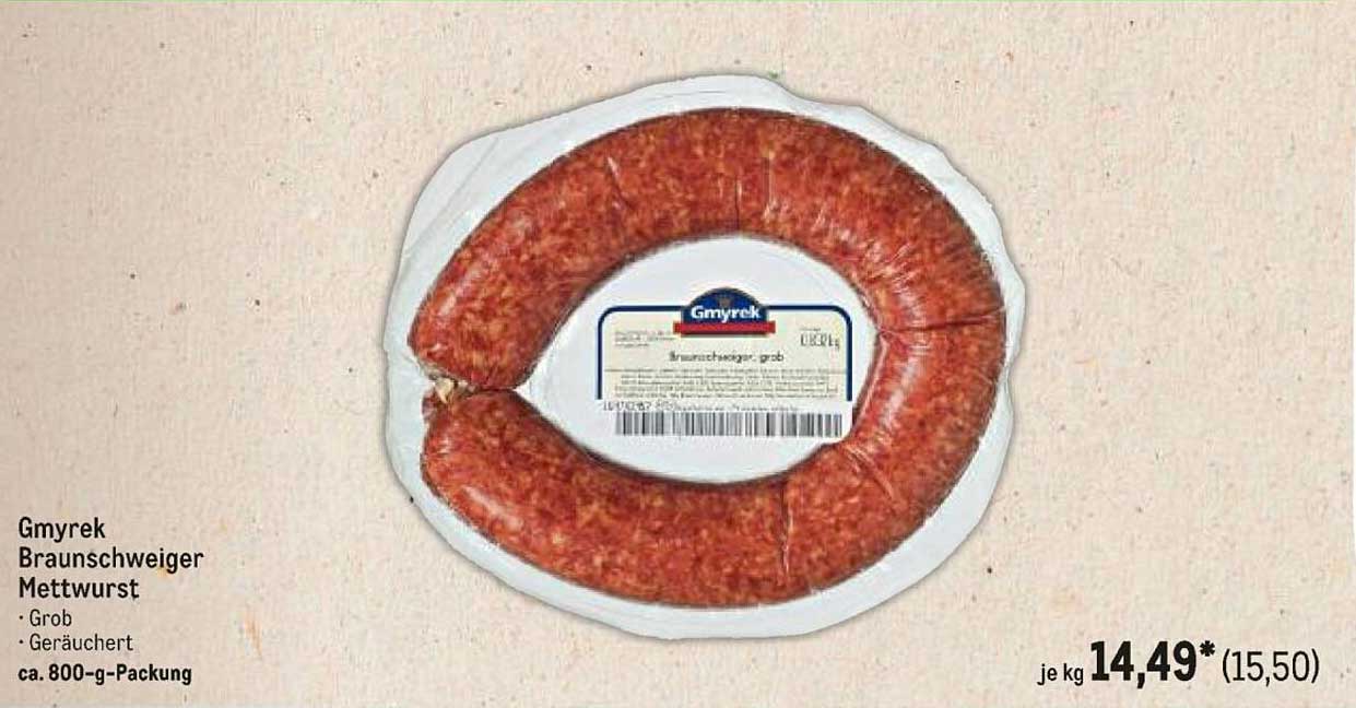 Gmyrek Braunschweiger Mettwurst - Grob, Geräuchert, ca. 800-g-Packung