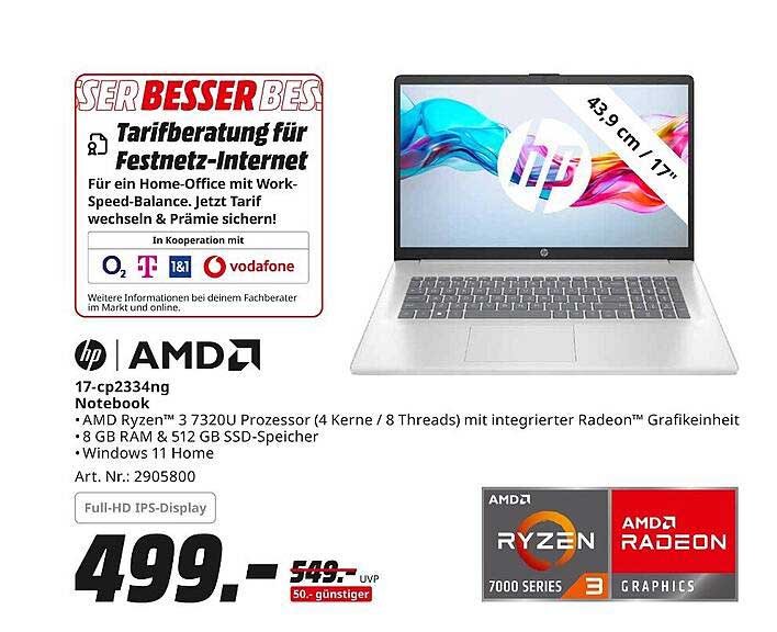 HP 17-cp2334ng Notebook mit AMD Ryzen™ 3 7320U