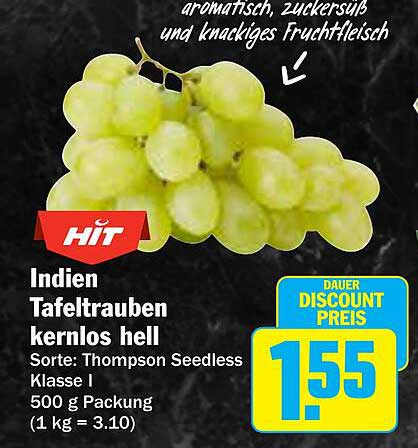 Indien Tafeltrauben kernlos hell - Sorte: Thompson Seedless, 500 g Packung