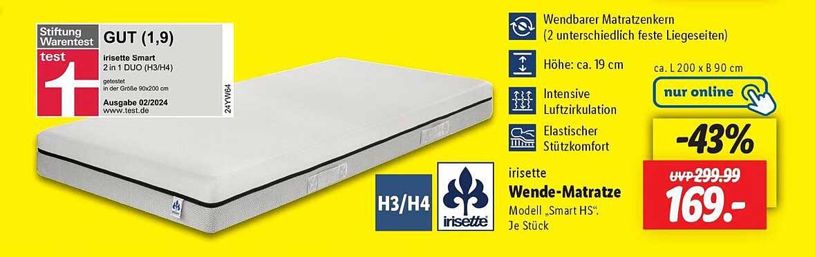 Irisette Wende-Matratze 2 in 1 DUO (H3/H4) in der Größe 90x200 cm