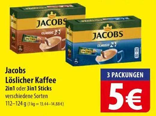 Jacobs Löslicher Kaffee 2in1 oder 3in1 Sticks verschiedene Sorten
