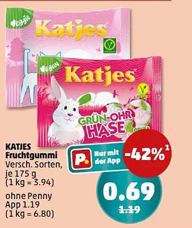 KATJES Fruchtgummi - Varianten: Grün-Ohren Hase 175 g