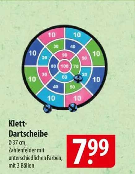 Klett-Dartscheibe Ø 37 cm, Zahlenfelder mit unterschiedlichen Farben, mit 3 Bällen
