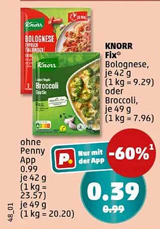 KNORR Fix Bolognese oder Broccoli-Crème, 42 g oder 49 g für nur 0,39 €
