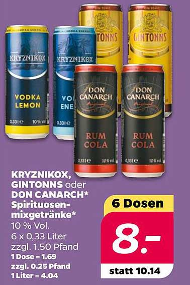 KRYZNIKOX, GINTONNS oder DON CANARCH* Spirituosenmixgetränke 10 % Vol.