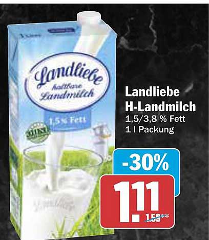 Landliebe H-Landmilch 1,5/3,8 % Fett 1 l Packung