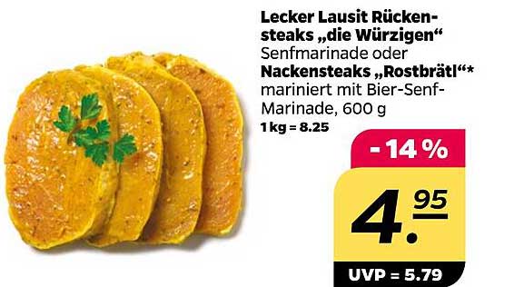 Lecker Lausit Rückensteaks „die Würzigen“ Senfmarinade oder Nackensteaks „Rostbrät“ marinierte mit Bier-Senf-Marinade, 600 g