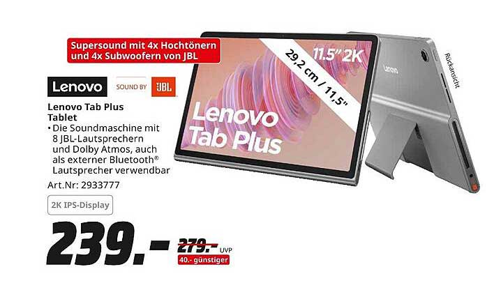 Lenovo Tab Plus Tablet mit 8 JBL-Lautsprechern und Dolby Atmos